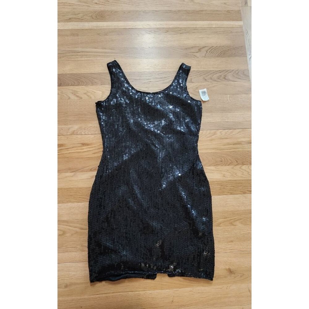 Vtg Y2K 90s Mini Dress 12 Black Silk Sequined Beaded Bodycon NY Club Dance NWT